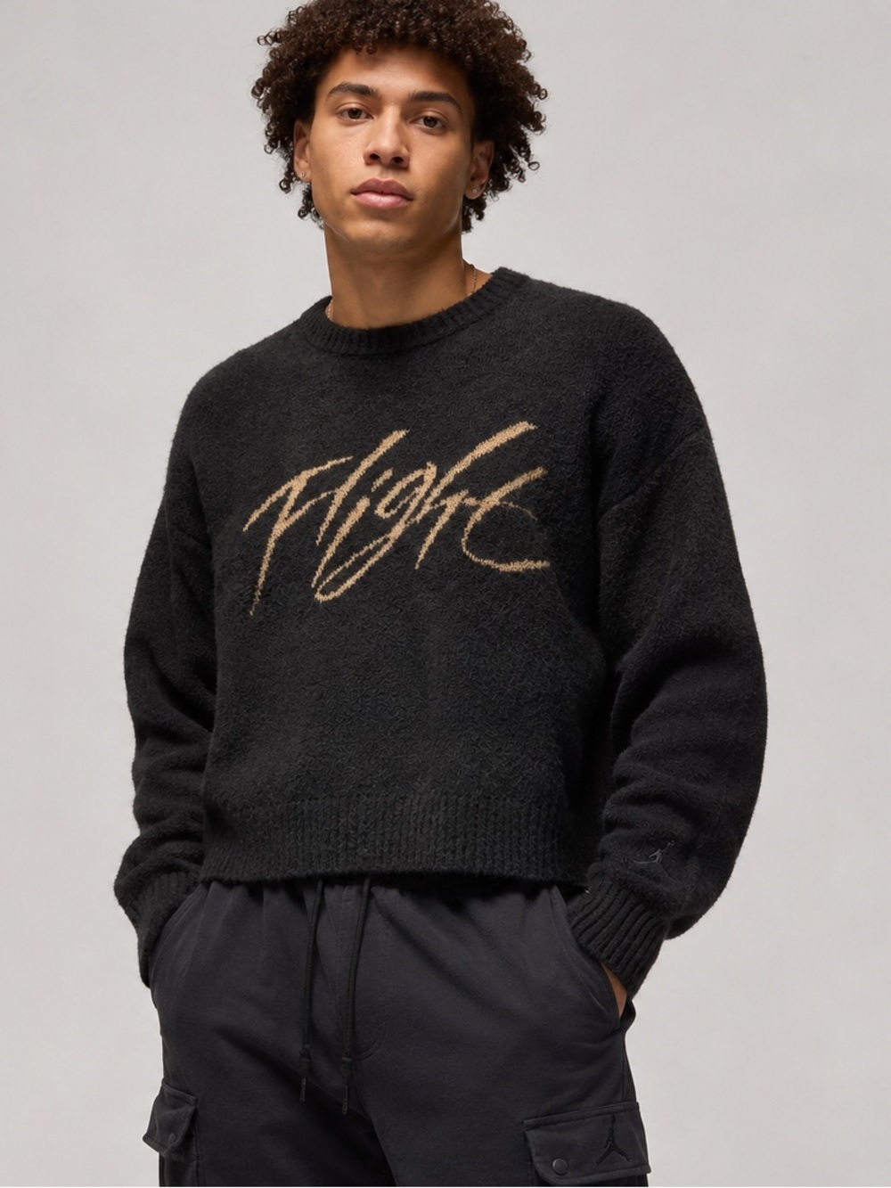 Jordan Flight Heritage Fuzzy Knit Crop Sweater Off Noir Tan L FD7389-045